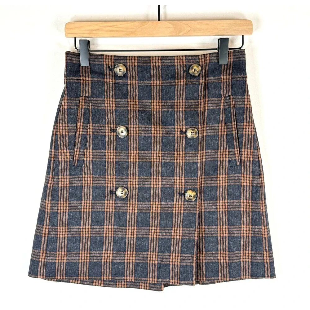 NEW Madewell Womens Skirt Brown Plaid Double-Breasted Mini A Line Tartan XS